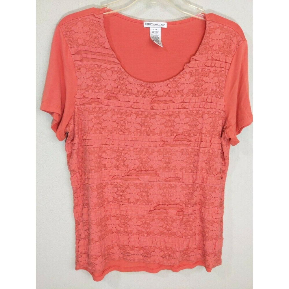 Rebecca Malone Orange‎ Knit Blouse Lace Front Short Sleeves Size Large